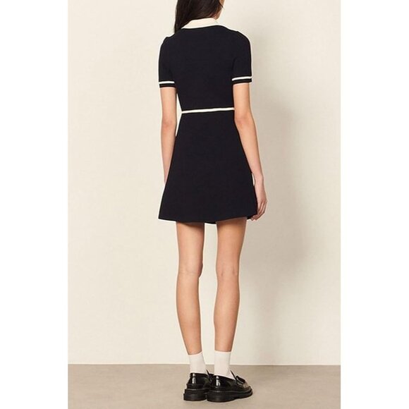Sandro Two Tone Knit Dress Size 38 in Ecru/Marine - Picture 2 of 16